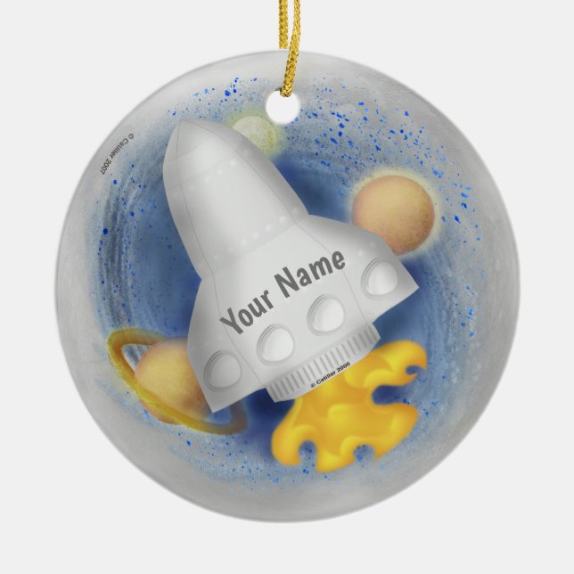 White Rocketship Ceramic Tree Decoration (Front)