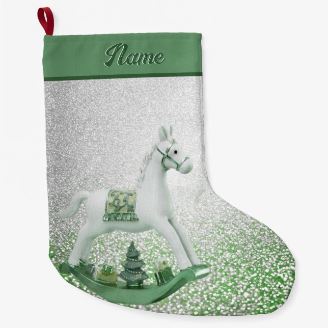 White Rocking Horse Green Christmas Holiday Large Christmas Stocking (Front)