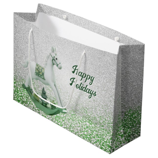 White Rocking Horse Green Christmas Holiday Large Gift Bag (Front Angled)