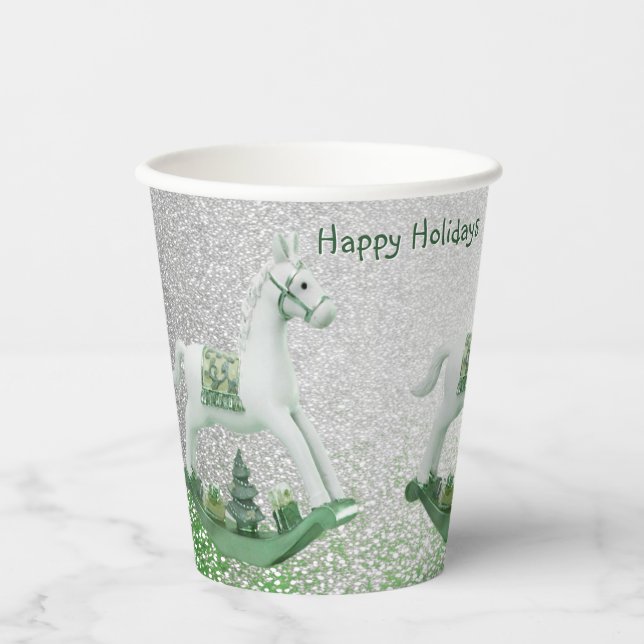 White Rocking Horse Green Christmas Holiday Paper Cups (Front)