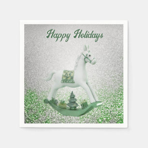 White Rocking Horse Green Christmas Holiday Paper Napkin