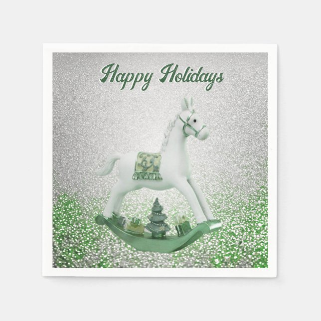 White Rocking Horse Green Christmas Holiday Paper Napkin (Front)