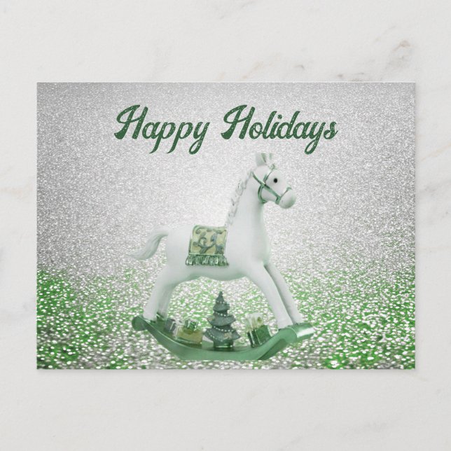 White Rocking Horse Green Christmas Holiday Postcard (Front)