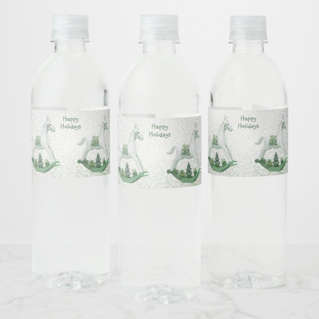 White Rocking Horse Green Christmas Holiday Water Bottle Label (Bottles)