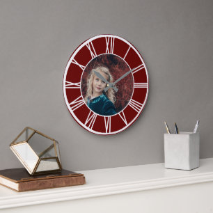 White Roman Numeral Border Dark Red Photo Round Large Clock