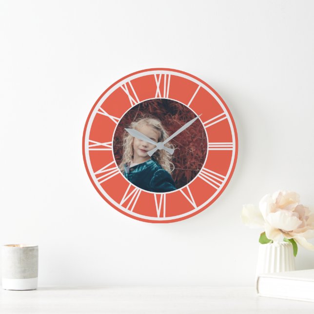 White Roman Numeral Border Orange Red Photo Round Large Clock (Home)