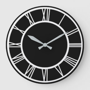 White Roman Numeral Border Pattern Black Round Large Clock