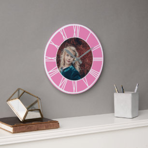 White Roman Numeral Border Pink Add Photo Round Large Clock