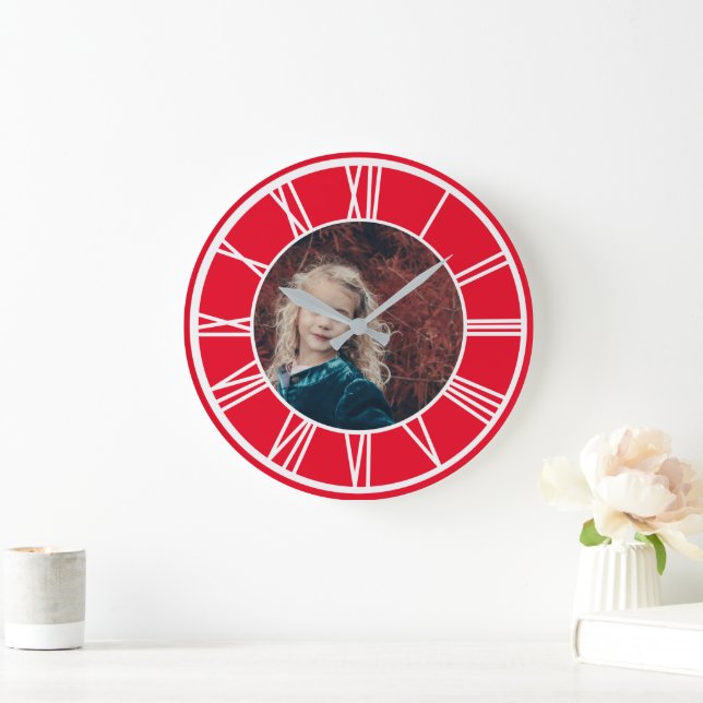White Roman Numeral Border Red Add Photo Round Large Clock (Home)