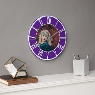 White Roman Numeral Border Royal Purple Photo RD Large Clock