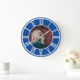 White Roman Numeral Deep Blue Add Photo Round Large Clock