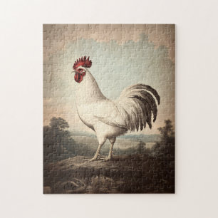 White Rooster Illustration Vintage Inspired Jigsaw Puzzle