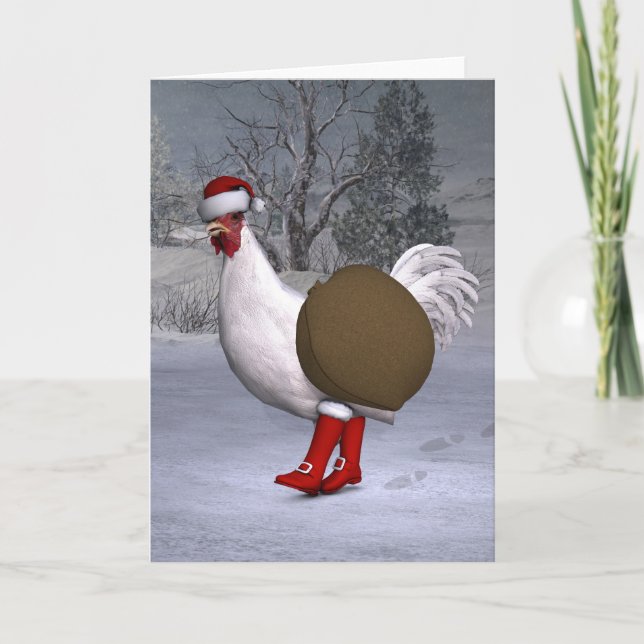 White Rooster Santa Claus Holiday Card (Front)