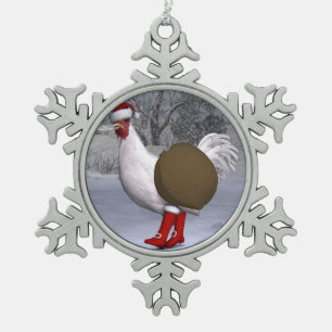 White Rooster Santa Claus Snowflake Pewter Christmas Ornament