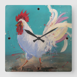 White Rooster Wall Clock Turquoise (w/markers)