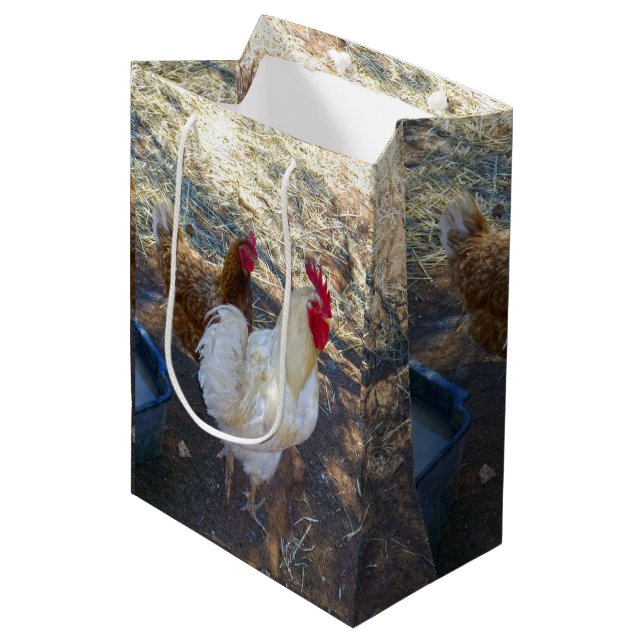 White Rooster With His Hen, Medium Gift Bag (Front Angled)