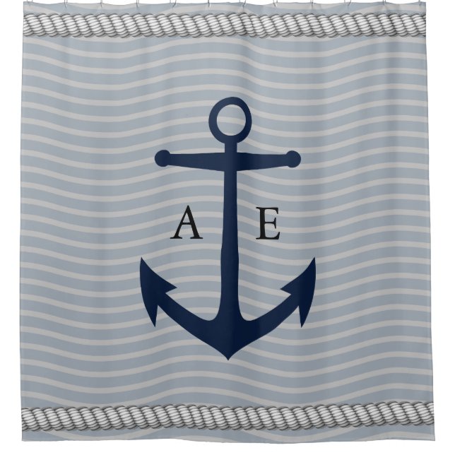 White Ropes and Navy Anchor Monogram Shower Curtain (Front)