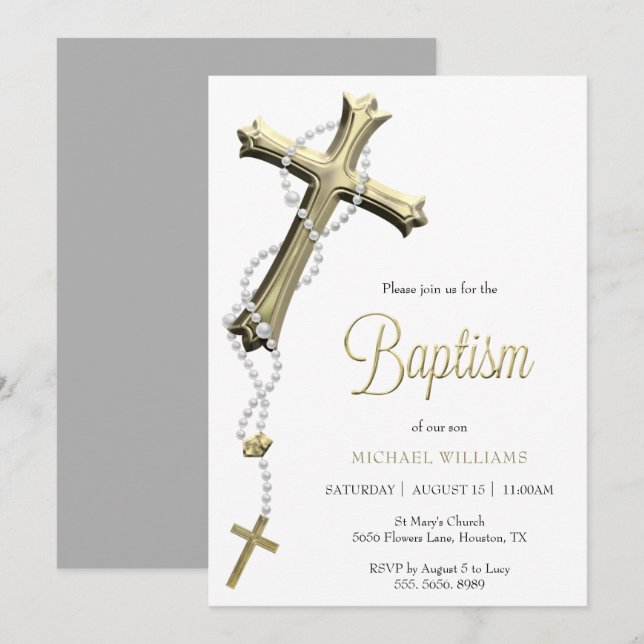 White Rosary Decorated Gold Cross Baptism Invitation (Front/Back)