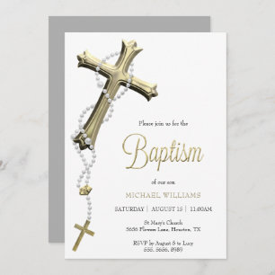 White Rosary Decorated Gold Cross Baptism Invitation