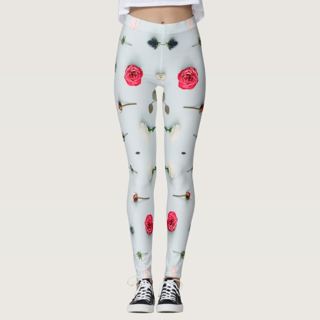 White & Rose 2x2 Floral Pattern Honeymoon Style Leggings (Front)