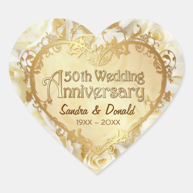 White Rose 50th Golden Wedding Anniversary Heart Sticker (Front)