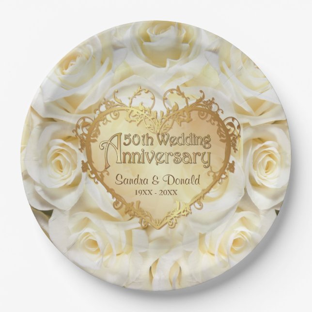 White Rose 50th Wedding Anniversary Paper Plate (Front)