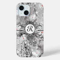 White rose abstract floral grey white black