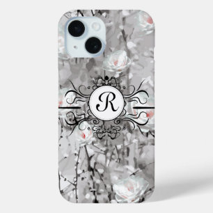 White rose abstract floral grey white black iPhone 15 case