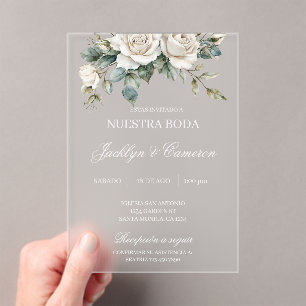 White Rose acrylic Spanish Wedding Invitations