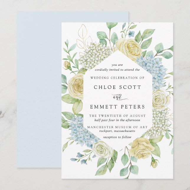 White Rose and Blue Hydrangea Wedding Invitation (Front/Back)