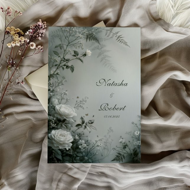 White Rose and Dusty Gray Fern Winter Wedding Invitation (Creator Uploaded)