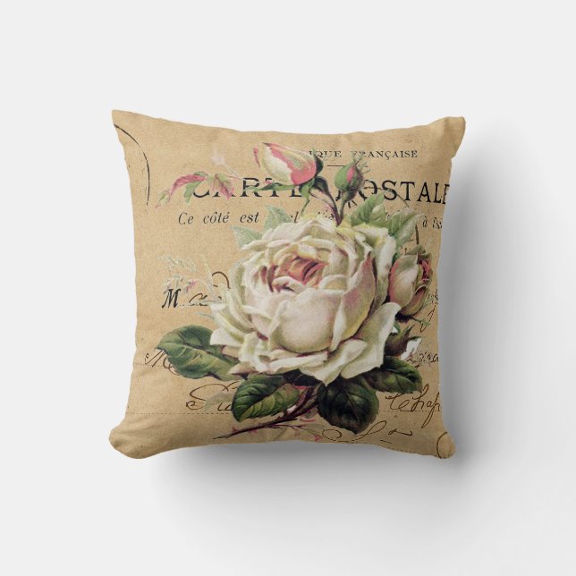 white rose and french postcard shabb chic cushion (Front)