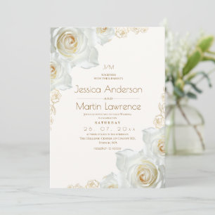 White Rose and Gold Flowers Elegant Wedding Invitation