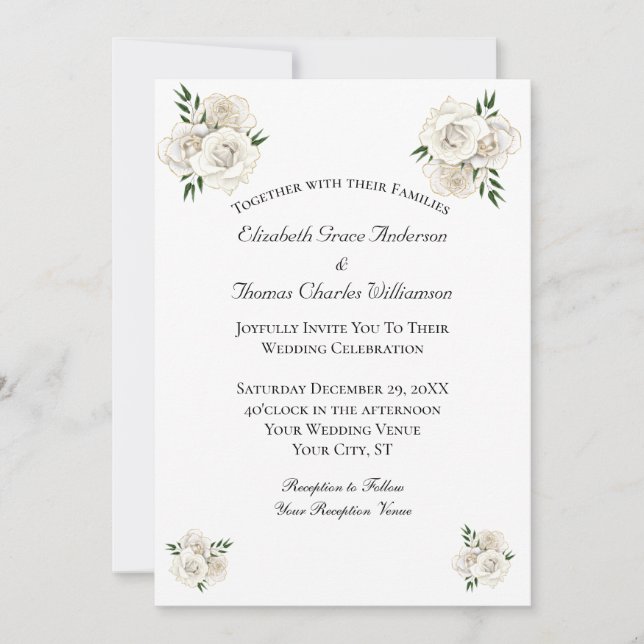 White Rose and Gold Formal Elegant Classic Wedding Invitation (Front)