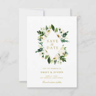 white rose and greenery save the date card