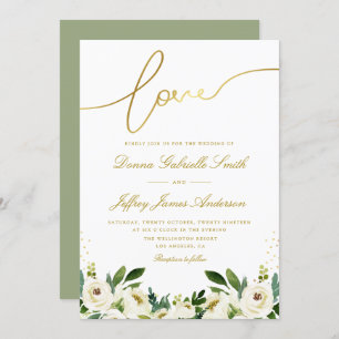 white rose and greenery wedding invitation
