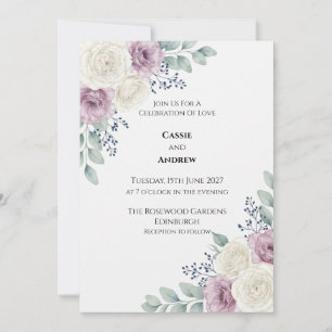 White Rose and Mauve Peony Wedding Invitation