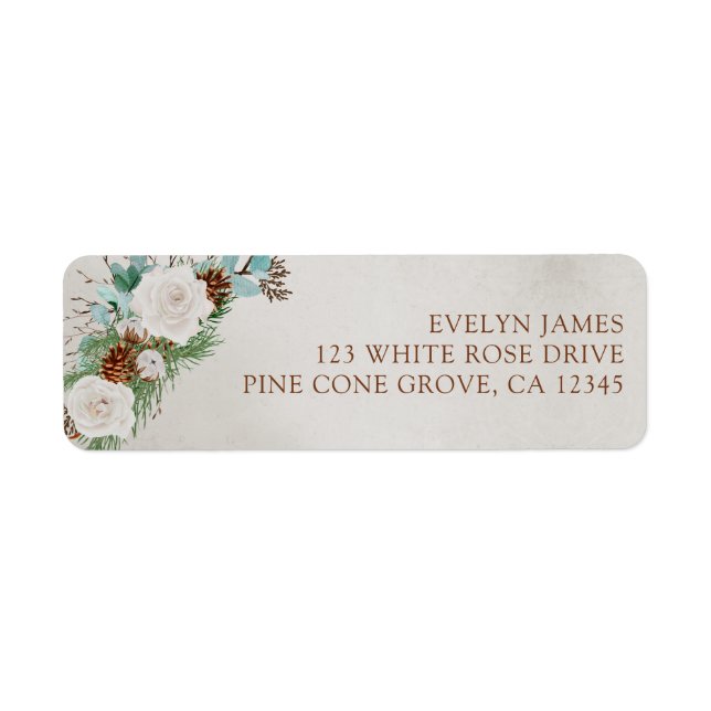 White Rose and Pine Cone Wedding Return Address (Front)