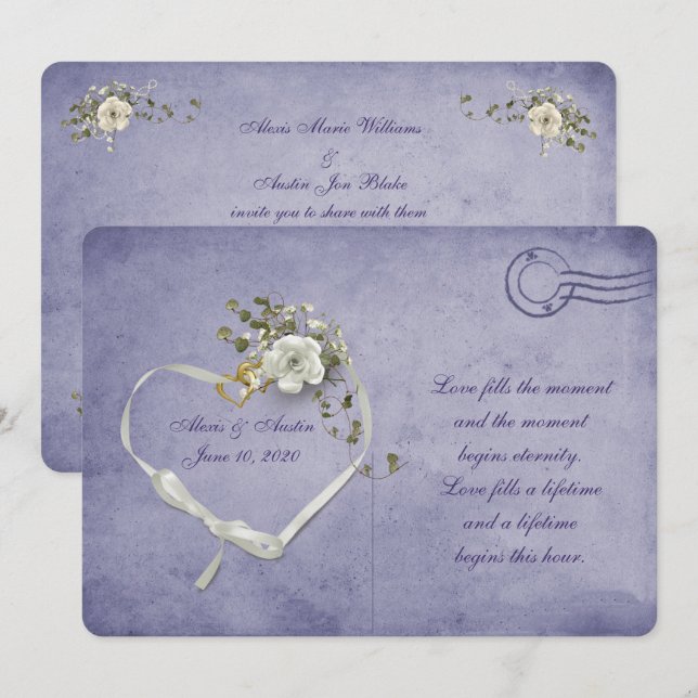 white rose and ribbon heart purple postcard (Front/Back)