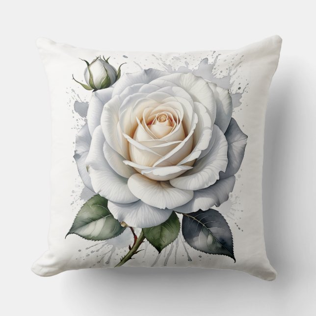 White Rose and rosebud, Silver Leaves Cushion (Front)
