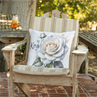 White Rose and rosebud, Silver Leaves Cushion