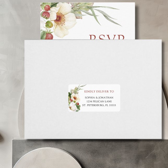 White Rose and Wild Strawberry Wedding RSVP Label (White Rose and Wild Strawberry Wedding RSVP Envelope Address Label)