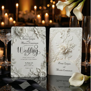 White Rose Bas Relief Faux Embossed Wedding  Invitation