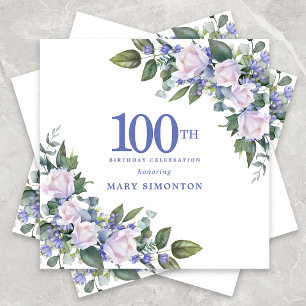 White Rose Blue Floral Custom 100th Birthday Party Napkin