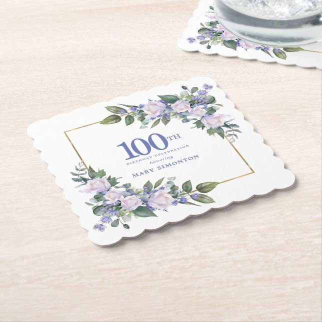 White Rose Blue Floral Custom 100th Birthday Party Paper Coaster (Angled)