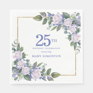 White Rose Blue Floral Custom 25th Birthday Party Napkin