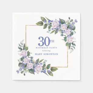 White Rose Blue Floral Custom 30th Birthday Party Napkin