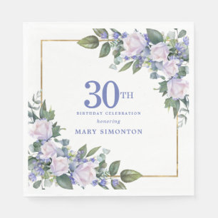 White Rose Blue Floral Custom 30th Birthday Party Napkin