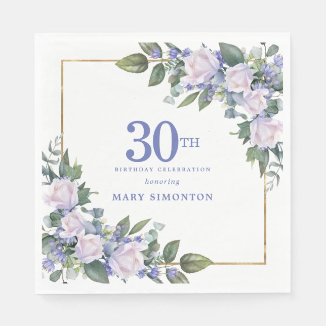 White Rose Blue Floral Custom 30th Birthday Party Napkin (Front)
