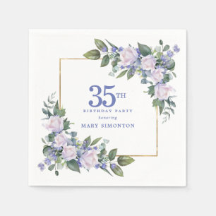 White Rose Blue Floral Custom 35th Birthday Party Napkin